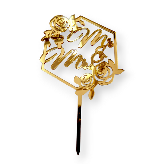 Acryltopper - Mr & Mrs im Blumenrahmen Gold