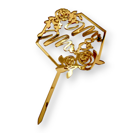 Acryltopper - Mr & Mrs im Blumenrahmen Gold