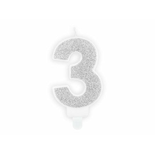 Zahlenkerze 3 Silber Glitter 7cm