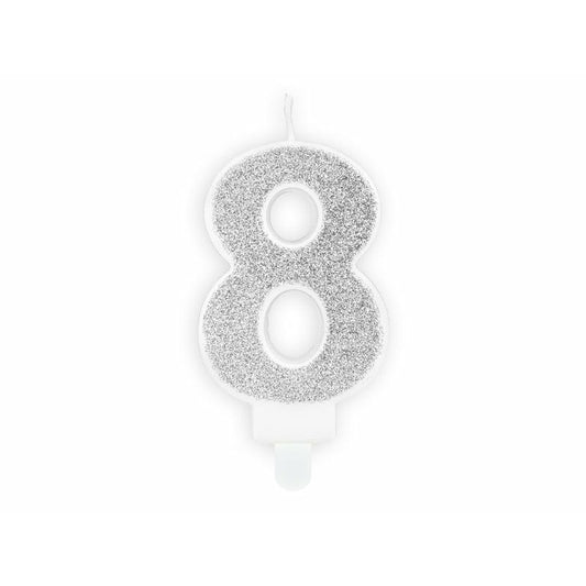 Zahlenkerze 8 Silber Glitter 7cm
