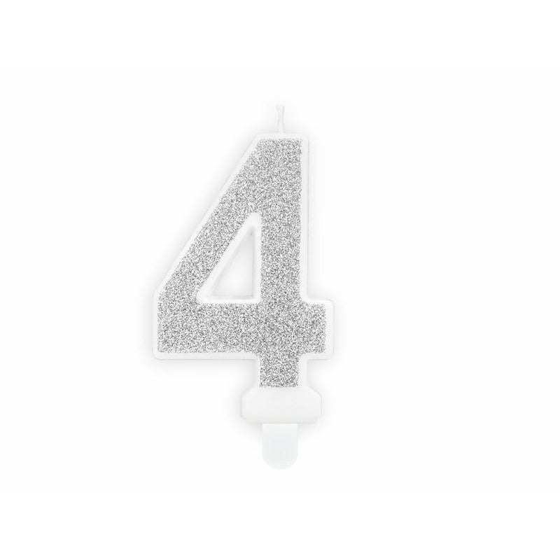 Zahlenkerze 4 Silber Glitter 7cm